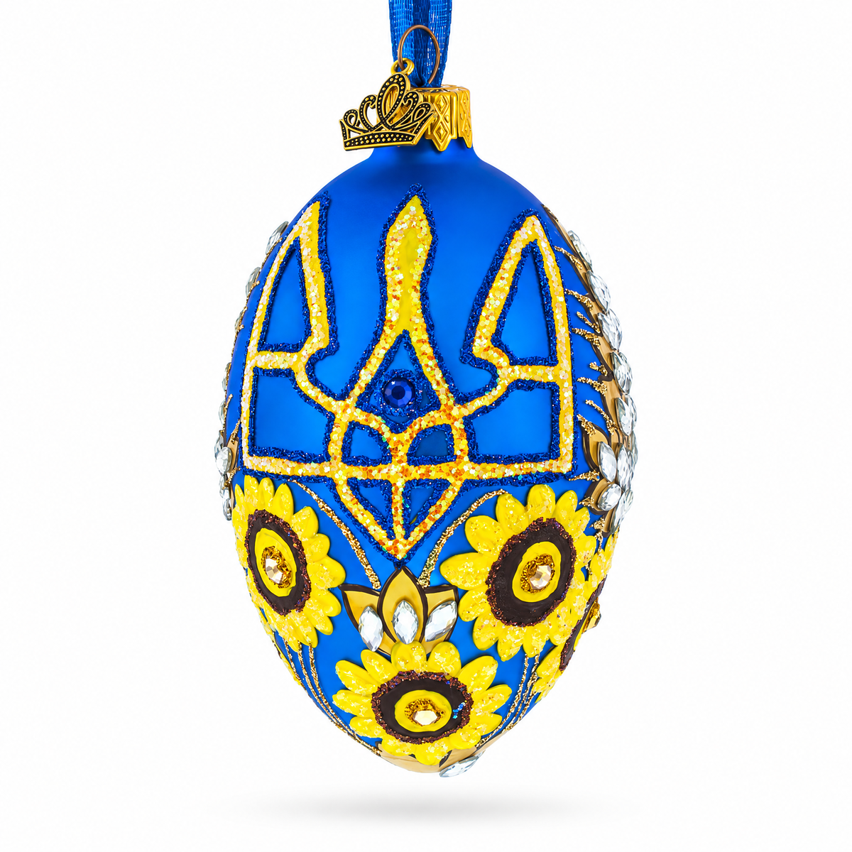 Ukrainian Coat of Arms and Sunflowers Glass Egg Ornament 4 Inches