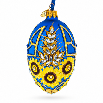Ukrainian Coat of Arms and Sunflowers Glass Egg Ornament 4 Inches