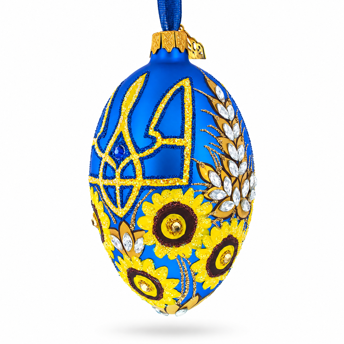 Ukrainian Coat of Arms and Sunflowers Glass Egg Ornament 4 Inches