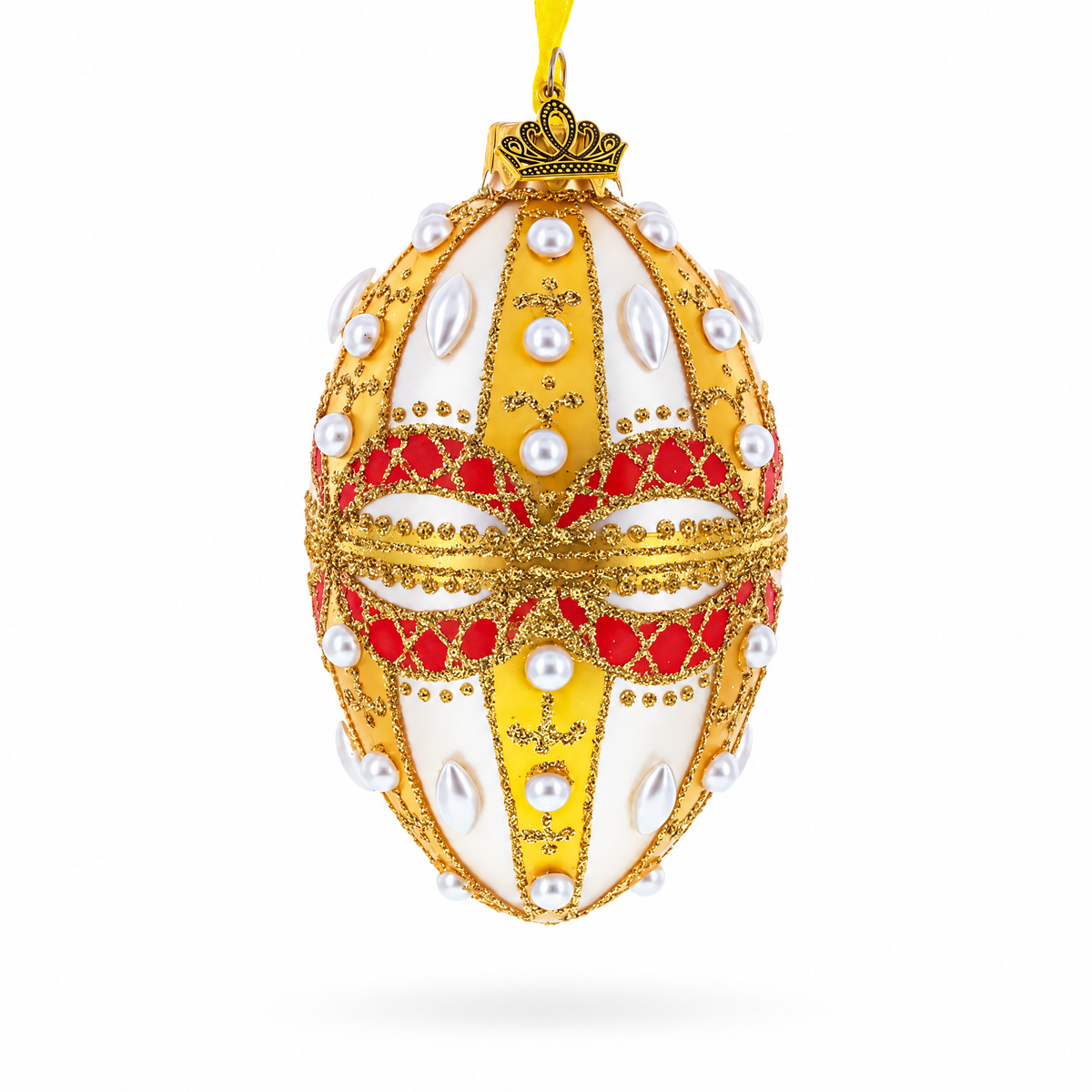 Pearls on Gold and White Glass Egg Ornament 4 Inches