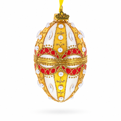 Pearls on Gold and White Glass Egg Ornament 4 Inches