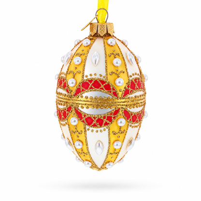 Pearls on Gold and White Glass Egg Ornament 4 Inches