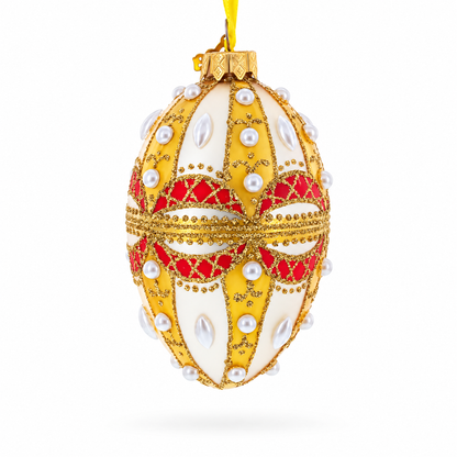 Pearls on Gold and White Glass Egg Ornament 4 Inches