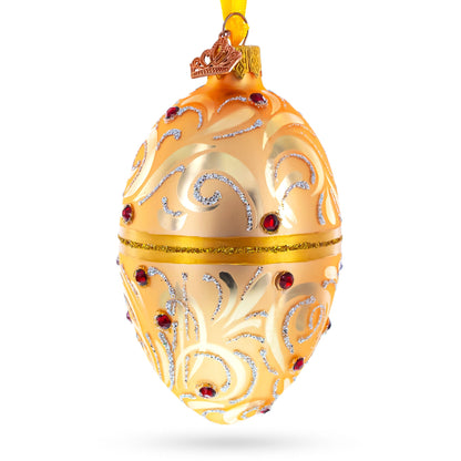 Red Jewels on Champagne Swirls Glass Egg Ornament 4 Inches