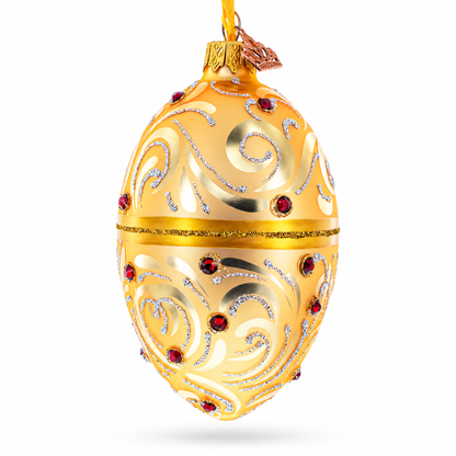 Red Jewels on Champagne Swirls Glass Egg Ornament 4 Inches