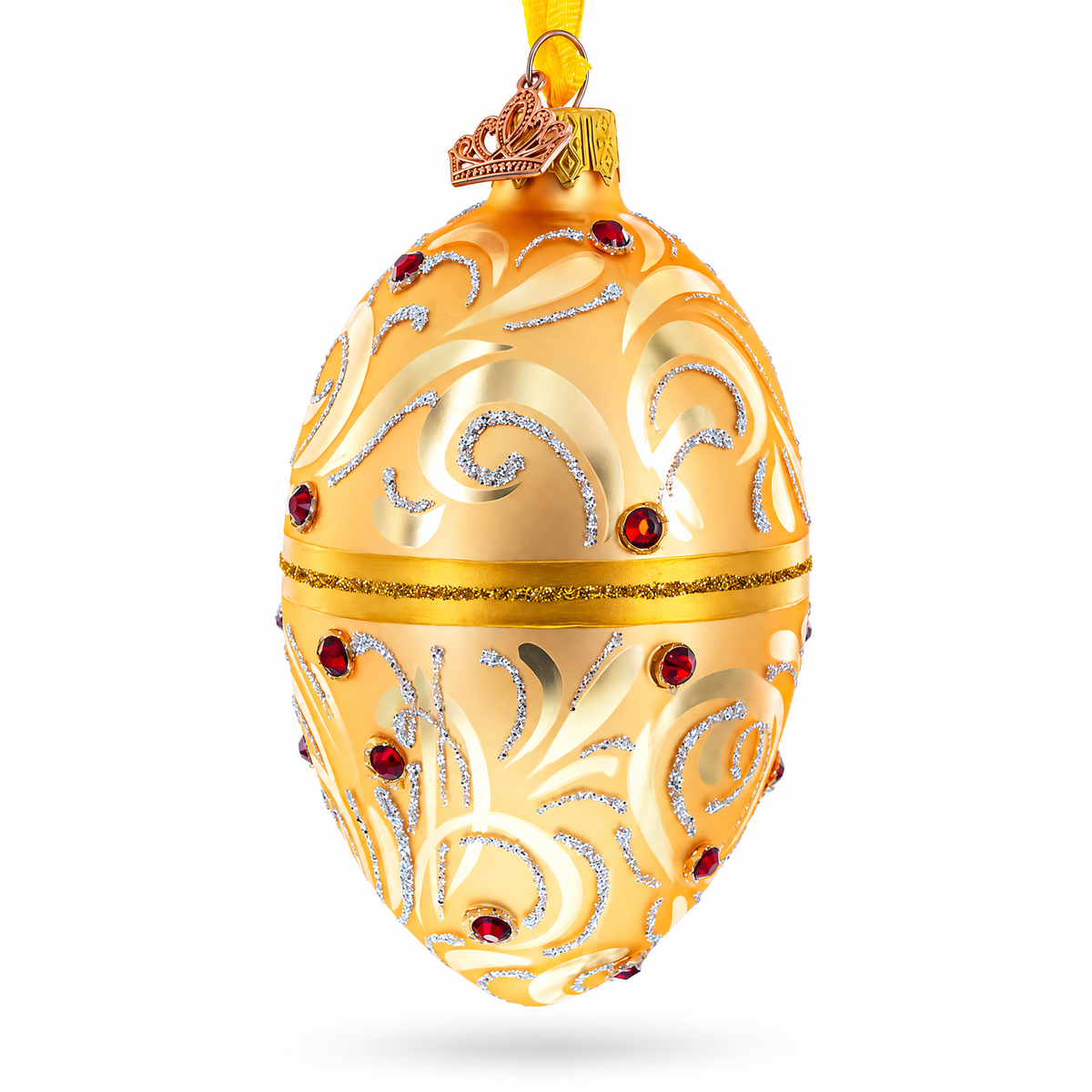 Red Jewels on Champagne Swirls Glass Egg Ornament 4 Inches