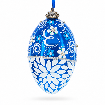 White Pearled Flowers on Glossy Blue Glass Egg Ornament 4 Inches