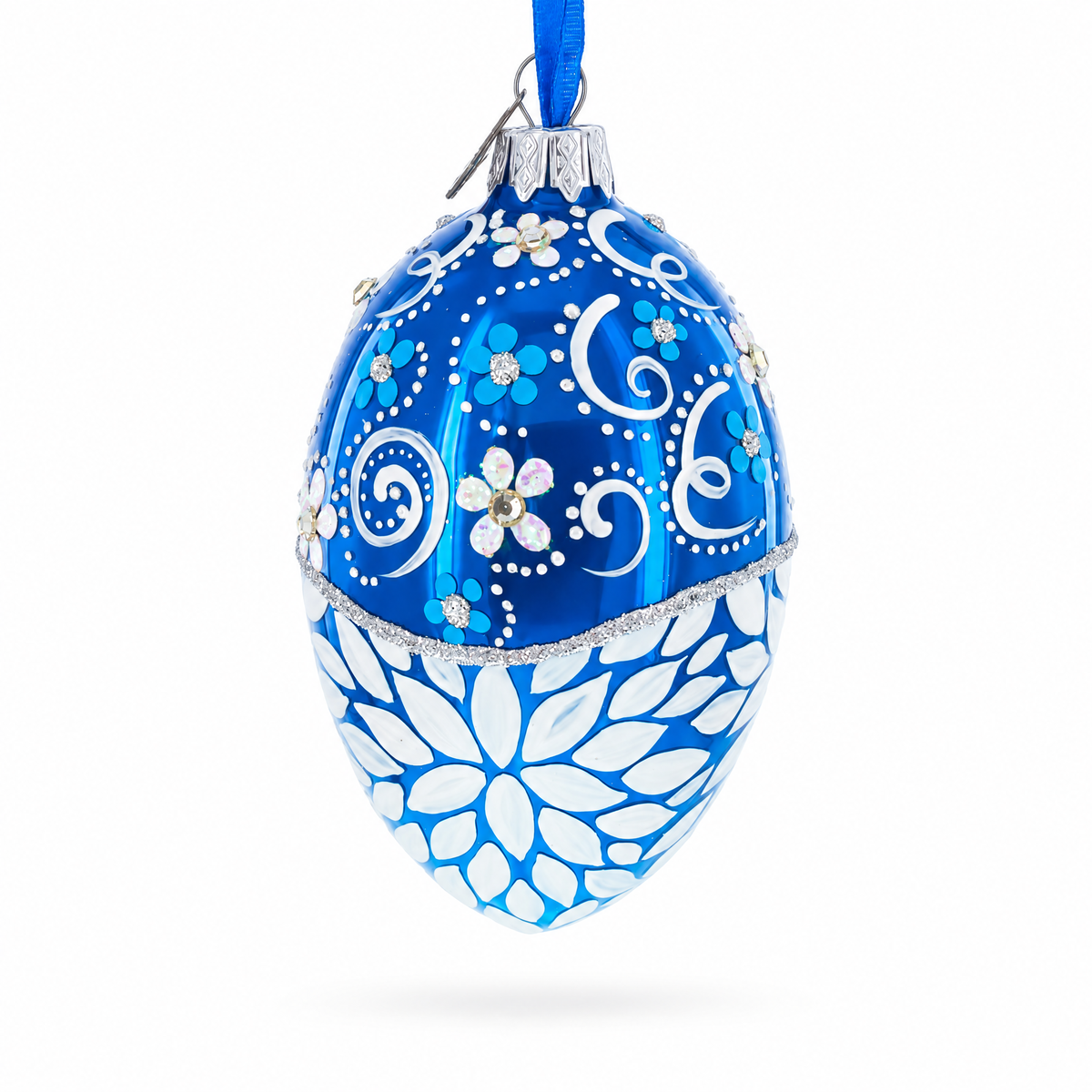 White Pearled Flowers on Glossy Blue Glass Egg Ornament 4 Inches