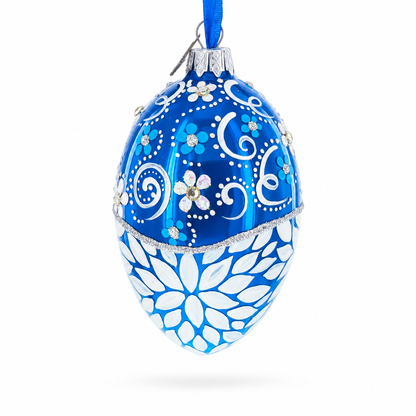 White Pearled Flowers on Glossy Blue Glass Egg Ornament 4 Inches