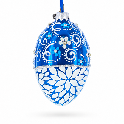 White Pearled Flowers on Glossy Blue Glass Egg Ornament 4 Inches