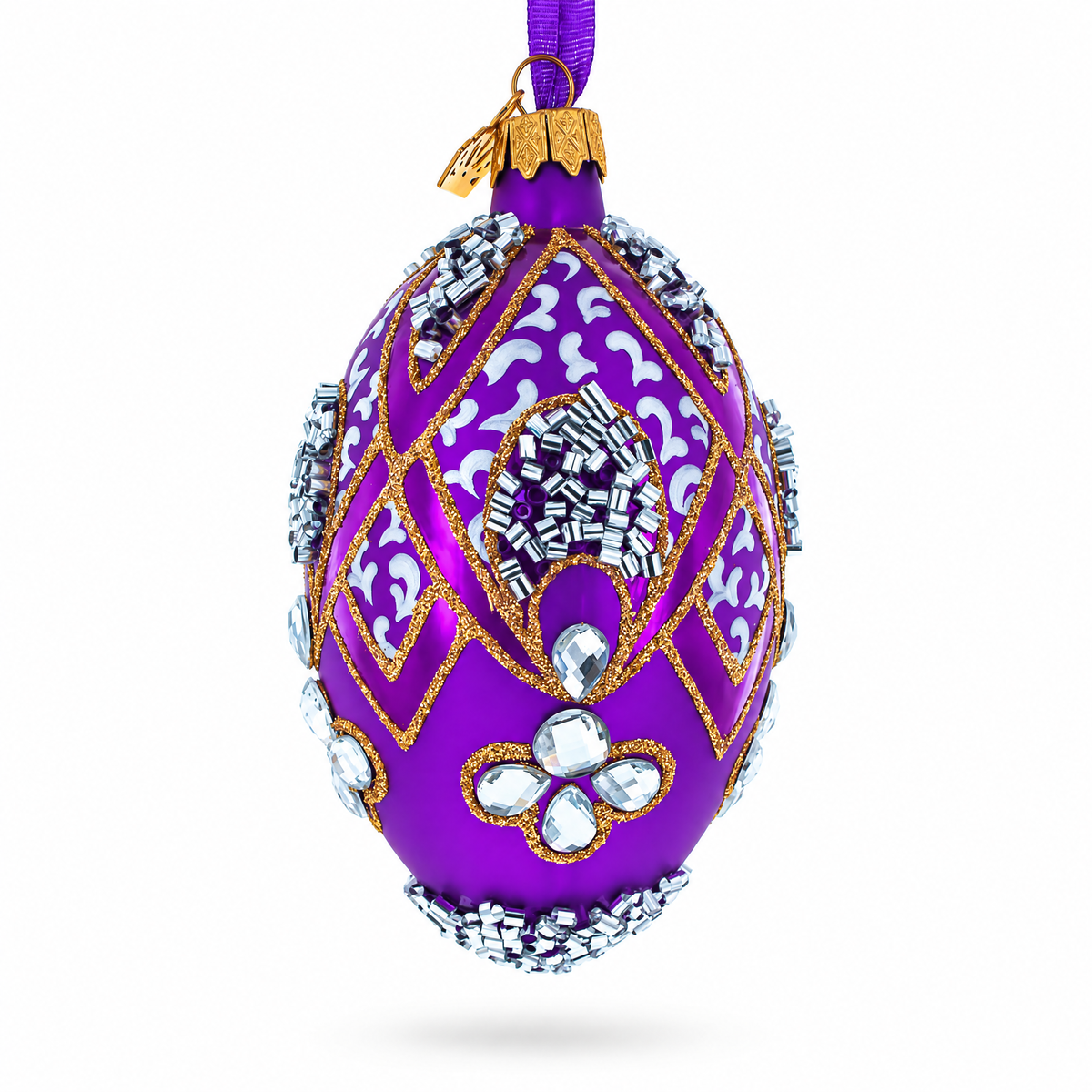 Diamonds on Pearl Glass Egg Ornament 4 Inches