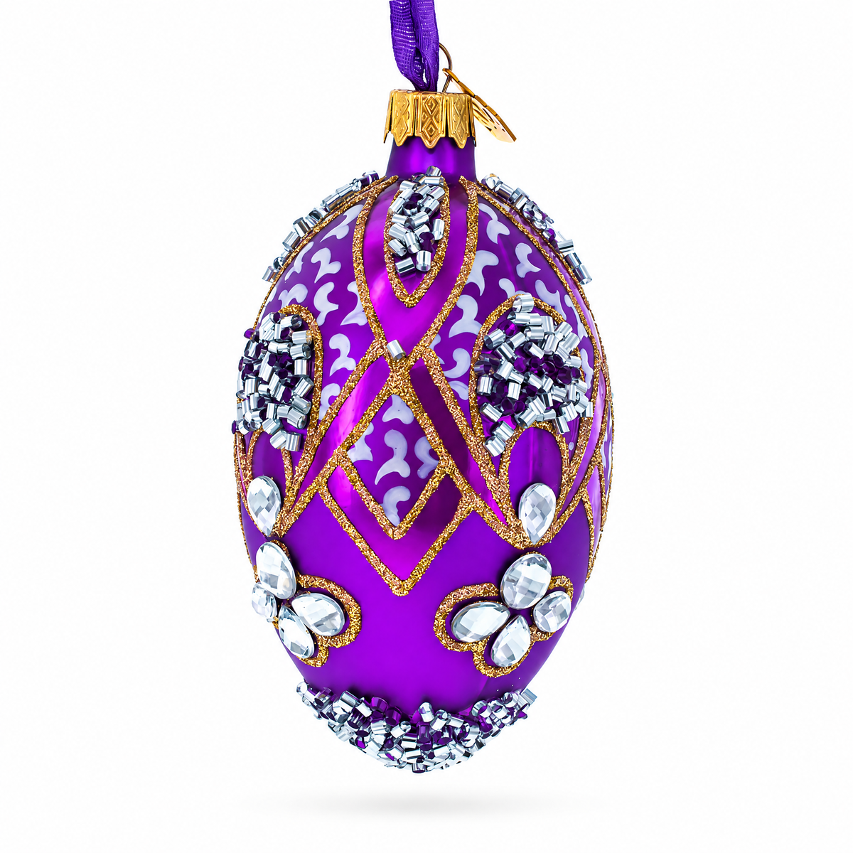 Diamonds on Pearl Glass Egg Ornament 4 Inches