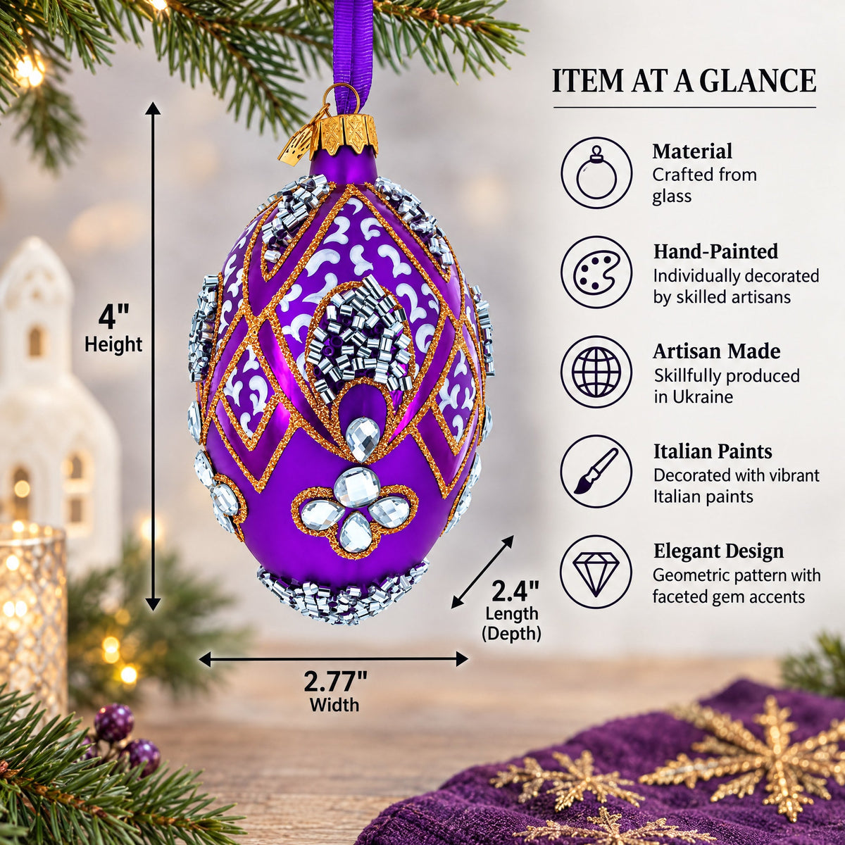 Diamonds on Pearl Glass Egg Ornament 4 Inches
