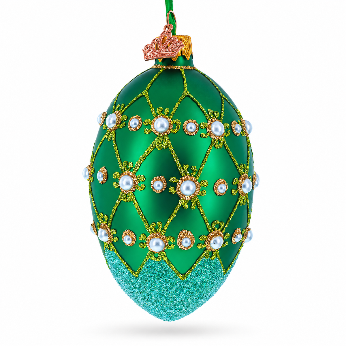 Pearls on Green Trellis Glass Egg Ornament 4 Inches