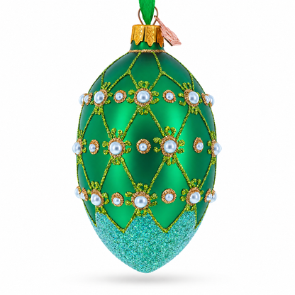 Pearls on Green Trellis Glass Egg Ornament 4 Inches