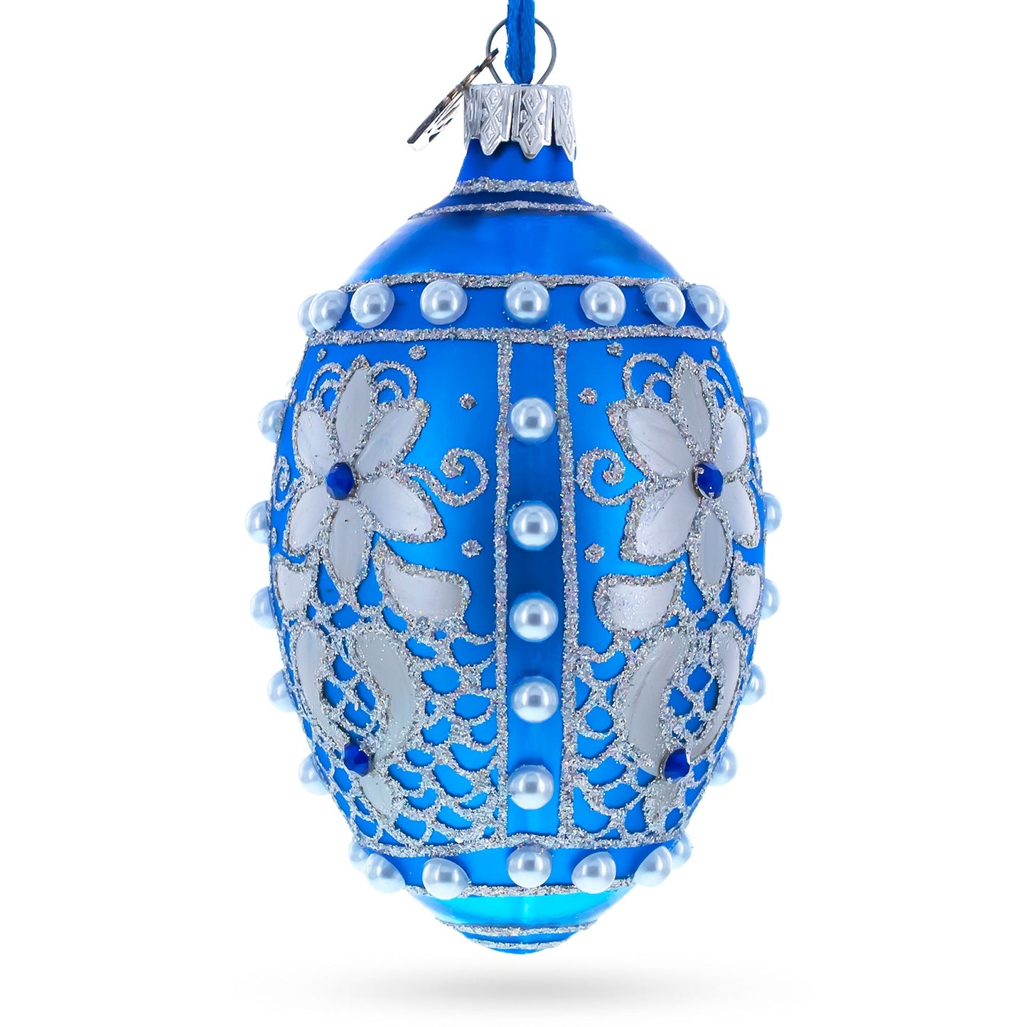 Pearls on Blue Glass Egg Ornament 4 Inches