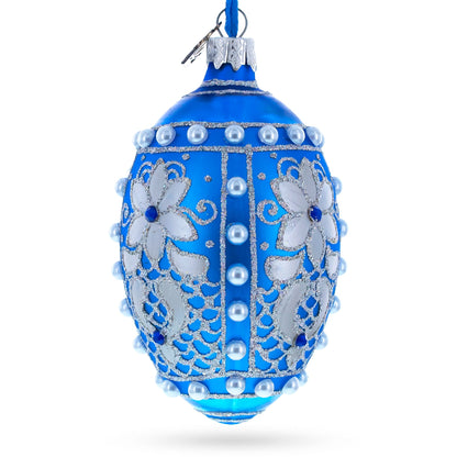 Pearls on Blue Glass Egg Ornament 4 Inches