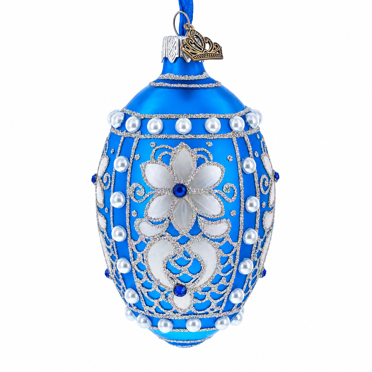 Pearls on Blue Glass Egg Ornament 4 Inches