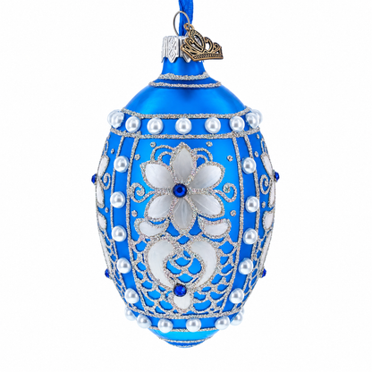 Pearls on Blue Glass Egg Ornament 4 Inches