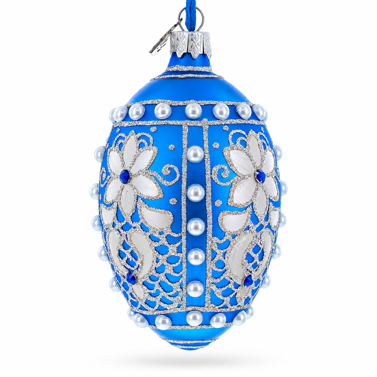 Pearls on Blue Glass Egg Ornament 4 Inches