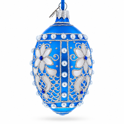 Pearls on Blue Glass Egg Ornament 4 Inches