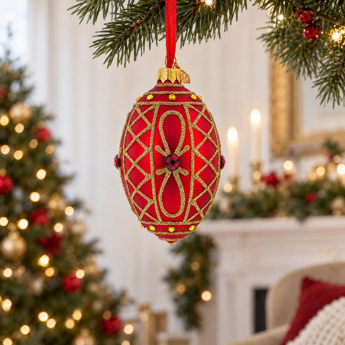 Red Jewel on Red Glass Egg Ornament 4 Inches