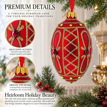 Red Jewel on Red Glass Egg Ornament 4 Inches