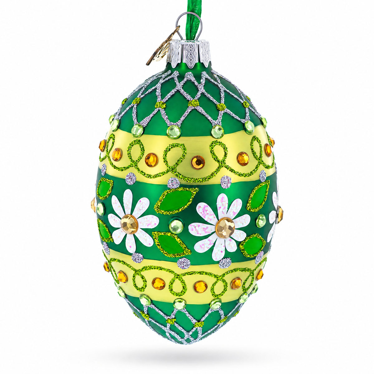 Daisies on Green Glass Egg Ornament 4 Inches