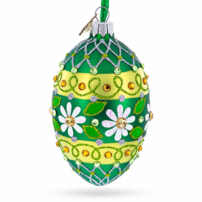 Daisies on Green Glass Egg Ornament 4 Inches