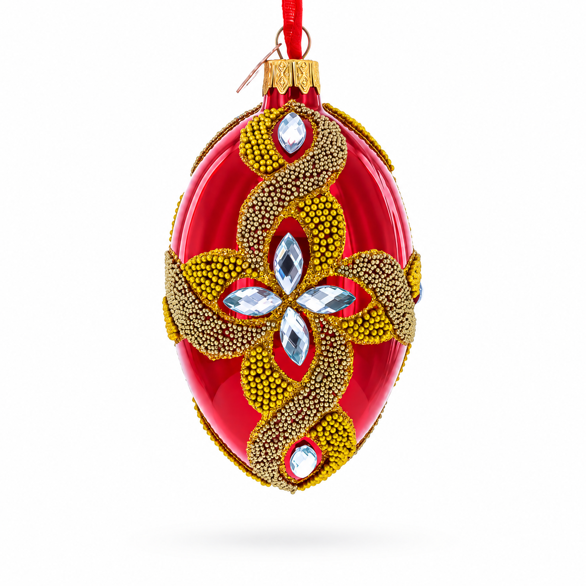 Diamond Star on Red Glass Egg Ornament 4 Inches