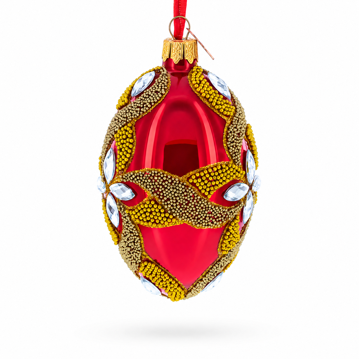 Diamond Star on Red Glass Egg Ornament 4 Inches