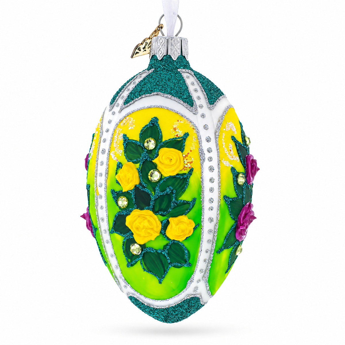 Flowers Bouquet on Green Glass Egg Ornament 4 Inches