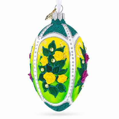 Flowers Bouquet on Green Glass Egg Ornament 4 Inches