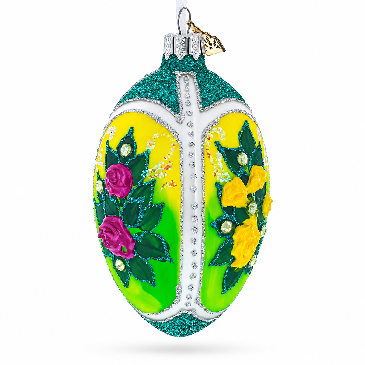 Flowers Bouquet on Green Glass Egg Ornament 4 Inches