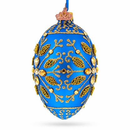 Golden Snowflake on Blue Glass Egg Ornament 4 Inches