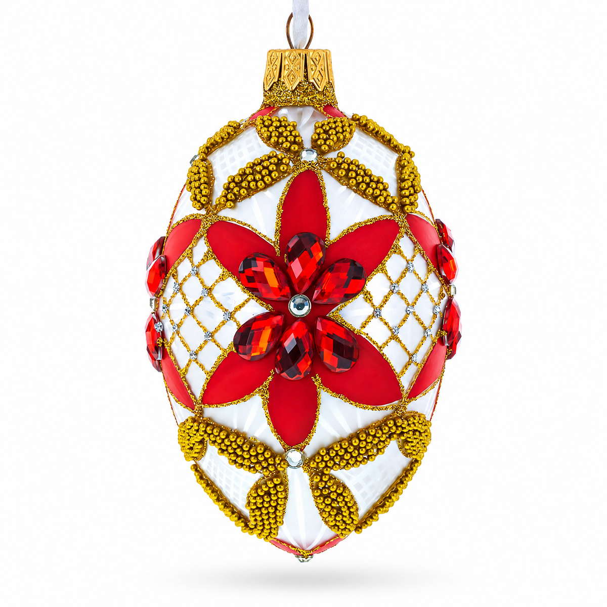 Red Jeweled Stars on White Glass Egg Ornament 4 Inches