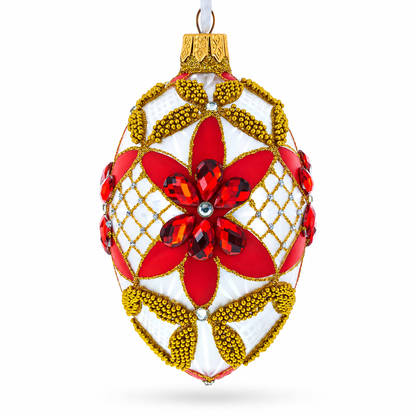 Red Jeweled Stars on White Glass Egg Ornament 4 Inches