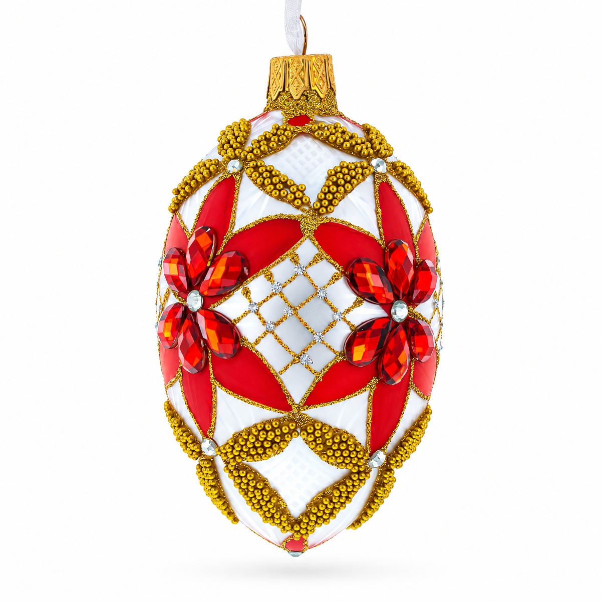 Red Jeweled Stars on White Glass Egg Ornament 4 Inches