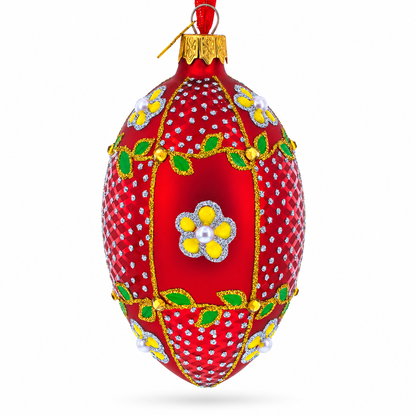 Yellow Flower on Red Glass Egg Ornament 4 Inches
