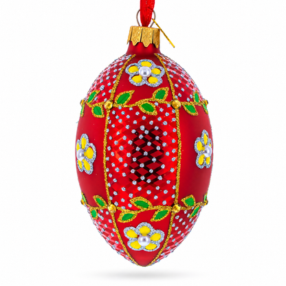 Yellow Flower on Red Glass Egg Ornament 4 Inches