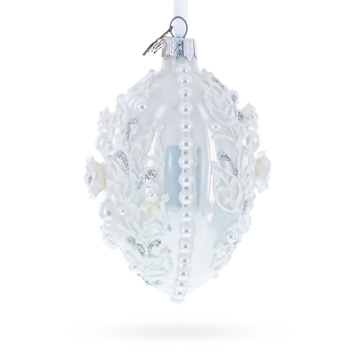 3D Pearl Roses Glass Egg Ornament 4 Inches