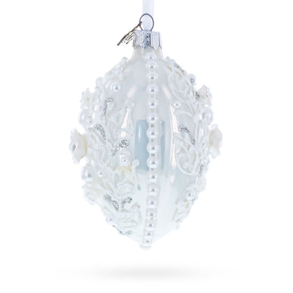 3D Pearl Roses Glass Egg Ornament 4 Inches