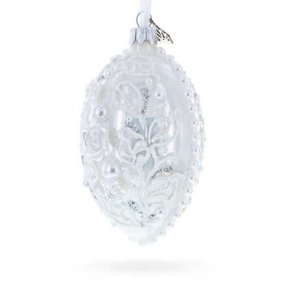 3D Pearl Roses Glass Egg Ornament 4 Inches
