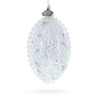 3D Pearl Roses Glass Egg Ornament 4 Inches