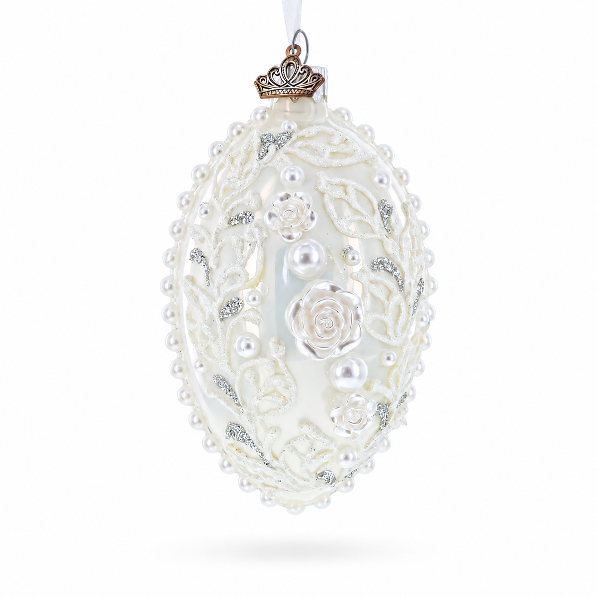 3D Pearl Roses Glass Egg Ornament 4 Inches
