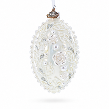3D Pearl Roses Glass Egg Ornament 4 Inches