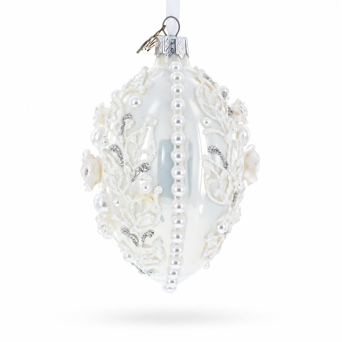 3D Pearl Roses Glass Egg Ornament 4 Inches