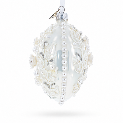 3D Pearl Roses Glass Egg Ornament 4 Inches