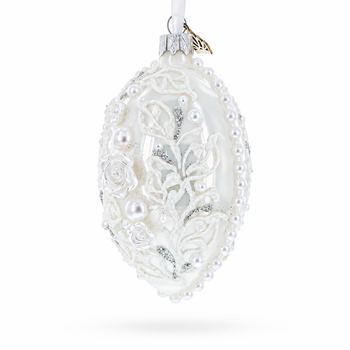 3D Pearl Roses Glass Egg Ornament 4 Inches