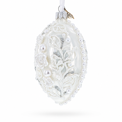 3D Pearl Roses Glass Egg Ornament 4 Inches